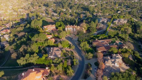 Aerial-Drone-Footage-of-Elegant-Cul-De-Sac-in-Exclusive-Neighborhood-of-Hidden-Hills-in-Calabasas-California