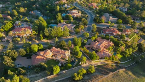 Birds-Eye-View-Drone-Over-Upscale-Gated-California-Suburb-of-Hidden-Hills-at-Golden-Hour