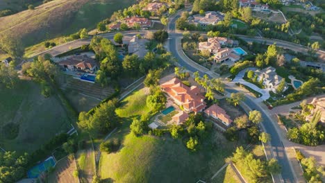 Luxury-Living--Beautiful-Gated-Community-of-Hidden-Hills,-Calabasas-as-Seen-from-Sky-in-California-Sunset