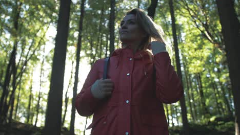 optimistic-woman-walks-through-lush-sunny-forest