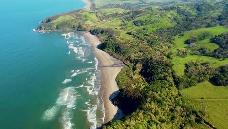 Aerial-of-lush-green-rainforest-next-to-sandy-cove-and-beautiful-coastline