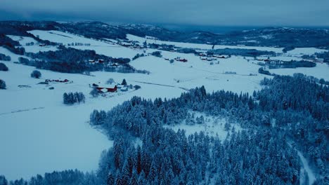 Winter-Scene-With-Snow-Covered-Forests-And-Cabins-In-Norway---Aerial-Panoramic