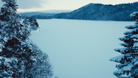 Paisaje-Invernal-Con-Cabañas-Cubiertas-De-Nieve-Y-árboles-En-Noruega---Retirada-Aérea