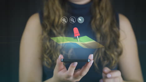 Businesswoman-opens-hologram-map-app-on-smartphone-device-and-sets-virtual-pin-as-location-marker
