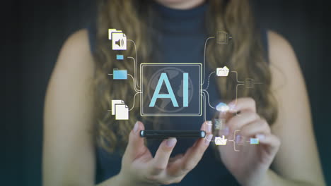 Artificial-intelligence-machine-learning-technology-with-finger-touching-AI-processor-on-woman-smartphone-holographic-screen,-AI-networking-concept