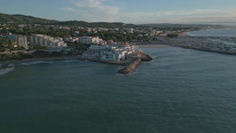 Roc-De-Sant-Gaietà-Village,-Costa-Dorada,-Near-Tarragona-In-Spain,-With-Marina-And-Coastline,-Aerial-View