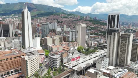 Skyscraper-High-Rise-Buidlings-in-Downtown-Medellin,-Columbia,-Aerial