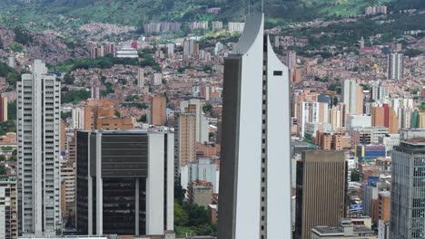Coltejer-skyscraper-high-rise-building-in-downtown-Medellin,-Columbia-city,-aerial-drone-view