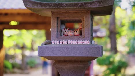 Lucky-Cat-Dolls-Inside-Stone-Lantern-at-Gotokuji-Shrine,-Tokyo-Japan-4k