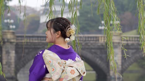 Woman-in-traditional-Japanese-kimono-looking-away-near-a-bridge-in-Japan,-willow-tree-and-bridge-in-foreground