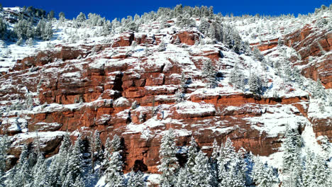 Drone-Footage-of-Red-Rock-Cliff-Covered-in-Snow-Located-in-the-Rocky-Mountains-of-Colorado