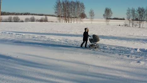 Sunny-winter-walk,-mother-push-baby-carriage-on-snowy-countryside-road