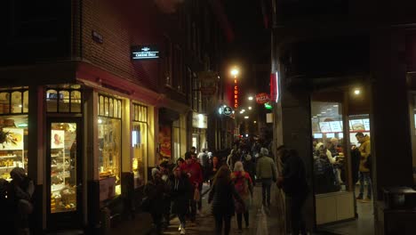 Gente-Caminando-Por-El-Barrio-Rojo-En-El-Centro-De-La-Ciudad-De-Amsterdam-Durante-La-Noche