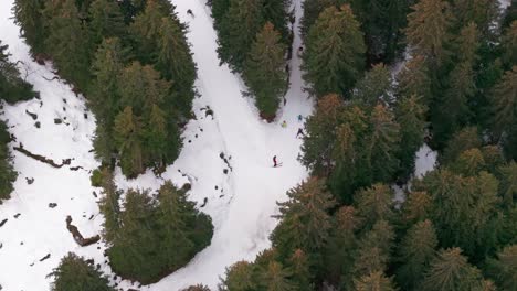 Skiers-go-downhill-toward-sharp-turn-at-Switzerland-mountain-skiing-resort