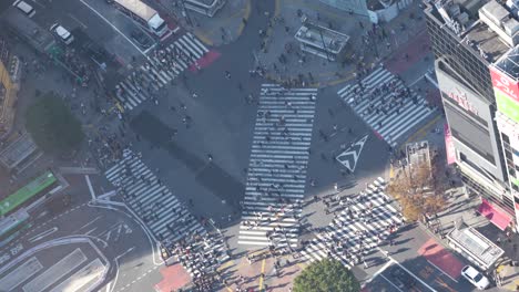Busy-Shibuya-Crossing-in-Tokyo-with-pedestrians-crossing,-daylight,-aerial-view