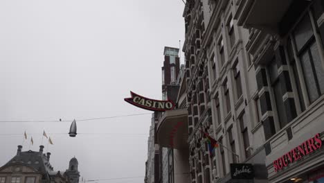 Amsterdam-city-center,-bird-flying-across-street-with-comercial-shops,-casino