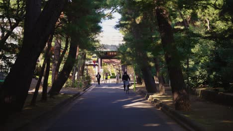 Slow-motion-static-establishing-shot-of-Gotokuji-Temple-Gates-at-the-end-of-Tokyo-road-on-Sunny-Day-4k