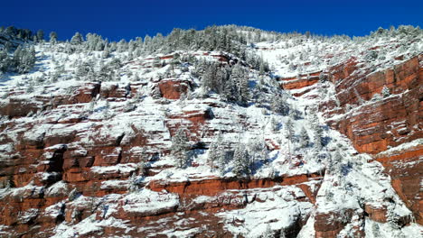 Drone-Footage-Panning-Left-to-Right-of-a-Red-Rock-Cliff-Covered-in-Snow-Located-in-the-Rocky-Mountains-of-Colorado