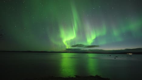 Ein-Faszinierender-Tanz-Der-Grünen-Und-Violetten-Nordlichter-über-Dem-Dunklen-Wasser-Des-Norwegischen-Fjords