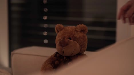 Männliche-Hand-Platziert-Niedlichen-Teddybären-Auf-Dem-Sofa-Im-Wohnzimmer