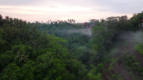 Aerial-forward-over-Ubud-rainforest,-Bali-in-Indonesia