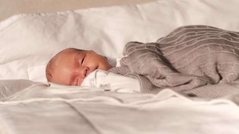 Un-Bebé-Recién-Nacido-Se-Queda-Dormido-En-El-Sofá-Del-Salón-Mientras-Disfruta-De-Los-Rayos-Del-Sol