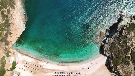 Aerial-drone-video-from-iconic-sandy-beach-of-Andros,-Cyclades,-Greece