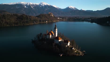 Amazing-Aerial-View-of-Bled-Island-in-Lake-Bled,-Slovenia