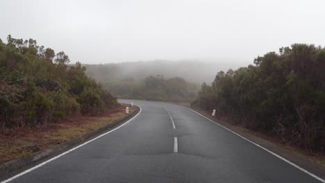 View-of-a-road-in-the-mountains-of-madeira-island-during-winter,-fog-covering-a-section-of-the-road