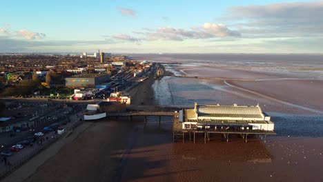 Drone-shot-Cleethorpes-sand-beach-and-pier-on-coast-of-North-England