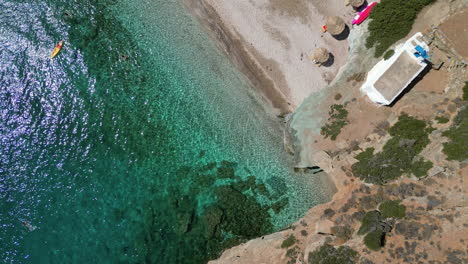 Aerial-drone-video-from-iconic-sandy-beach-of-Andros,-Cyclades,-Greece
