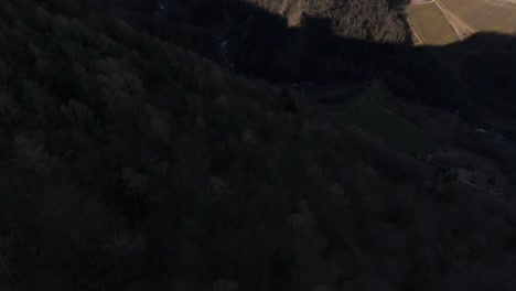 Luftaufnahme-Des-Val-Di-Cembra,-Gebirgstal-Mit-Steilen-Weinbergen-Und-Schneebedeckten-Bergen