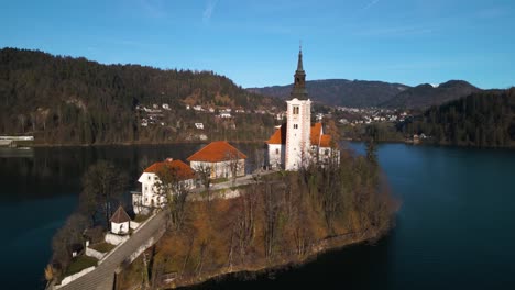 Close-Up-Aerial-View-of-Church-on-Lake-Bled-Island