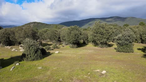 Vuelo-En-Retirada-Y-Ascenso-Con-Drone-Visualizando-árboles-Silvestres-Y-Descubriendo-Montañas-Con-Un-Cielo-Lleno-De-Nubes