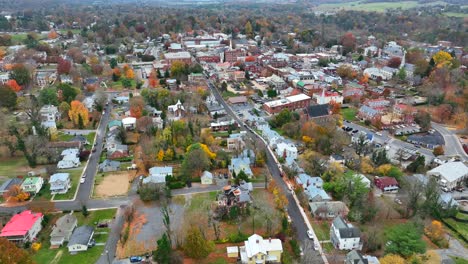 High-aerial-over-Lexington,-Virginia-during-fall
