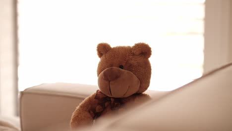 Window-blinds-open-in-living-room-behind-stuffed-brown-eddy-bear-sitting-on-sofa