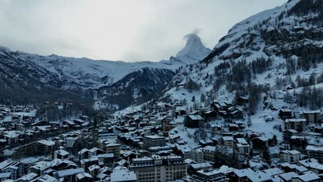 Slow-drone-flyover-of-Zermatt-Switzerland-and-the-matterhorn-during-winter