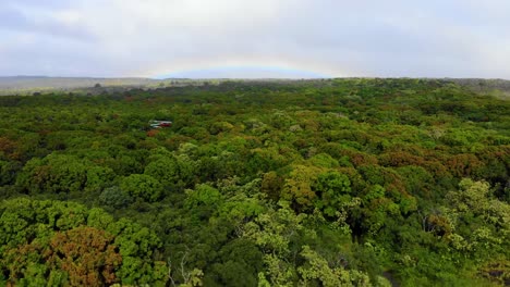 Forward-motion-over-road-and-forest-toward-lava-field-at-base-of-kilauea-volcano-on-hawaii-island-with-a-rainbow-in-the-background