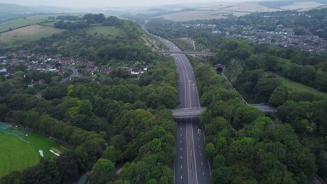 Drone-Shot-of-Bridges-Over-Motorway-in-the-Countryside