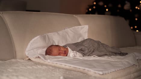 Bebé-Recién-Nacido-Descansando-En-Un-Sofá-En-La-Sala-De-Estar-Con-Un-árbol-De-Navidad-En-El-Fondo