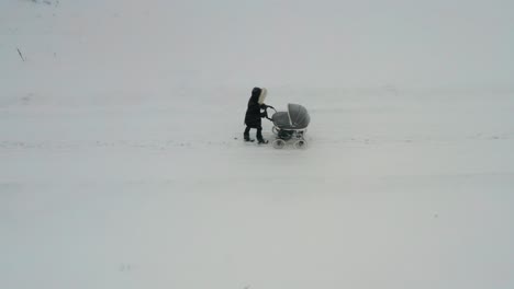 Female-push-baby-carriage-on-snowy-countryside-road-during-snowfall