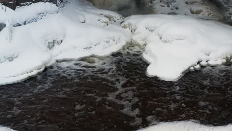 Sprudelnder-Wasserfluss-Aus-Schneebedeckter-Eisdecke,-Kalte-Winterumgebung