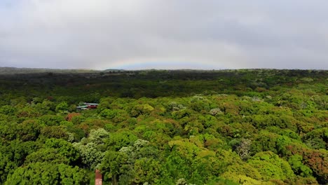 Rückwärtsflug-über-Wald-Und-Häuser-Am-Fuße-Des-Vulkans-Kilauea-Auf-Der-Hawaii-Insel-Mit-Einem-Regenbogen-Im-Hintergrund
