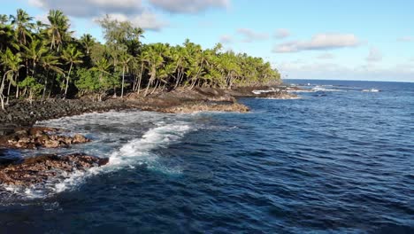 Movimiento-Hacia-Adelante-Y-Luego-Descenso-Mirando-Hacia-La-Playa-Natural-De-Hawaii-Con-Bosque-Nativo-Y-Rocas-Volcánicas-Con-Olas-Del-Océano-Pacífico