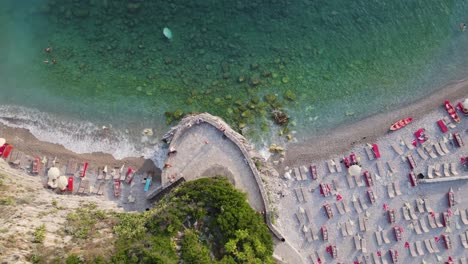 Sveti-Nikola-Island-Beach-Aerial-top-down-view,-Budva,-Montenegro