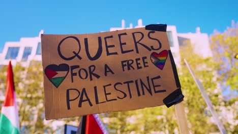 Menschenrechtsdemonstrant-Schwenkt-Auf-Nationaler-Demonstration-Ein-Plakat-Für-Ein-„freies-Palästina“.