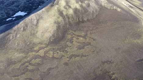 aerial-view-detail-of-ground-pattern-near-Stutur-Crater-in-Landmannalaugar,-Iceland