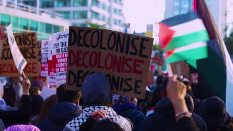 Activista-Manifestante-Contra-La-Guerra-En-Gaza-Enarbola-Banderas-Palestinas-Y-Ondea-Pancartas.