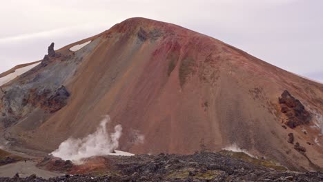 Close-view-of-the-multicolored-Brennisteinsalda-mountain,-with-solfataras,-sulfur-fumaroles,-and-smoke-in-the-foreground