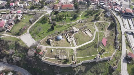 Aerial-shot-Skopje-Macedonia,-drone-flight-over-the-old-historic-castle